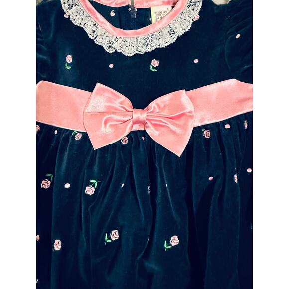Vintage Velvet Dress Satin Bows Embroidered Rose Accents Lace Puff‎ Sleeve 12M - Picture 5 of 10